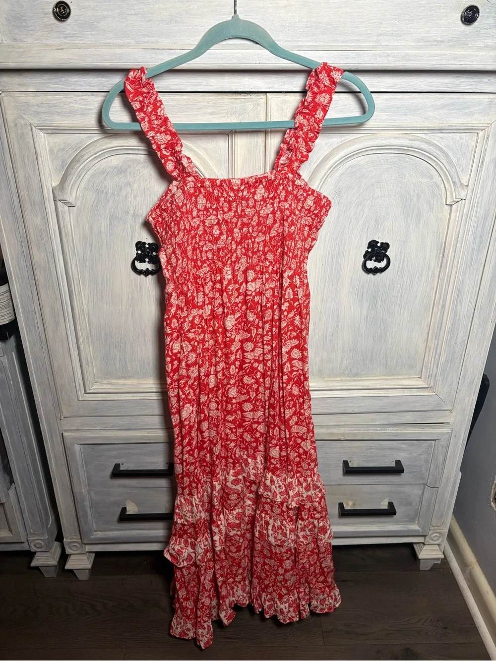 Red White Floral Ruffle Tiered Maxi Dress Ruffle Cottagecore Boho Effortless - Picture 6 of 6